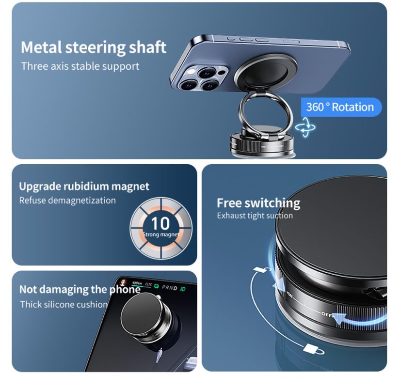 360° magnetický nastavitelný přísavný držák telefonu do auta s rubidiovým magnetem, černý, C46