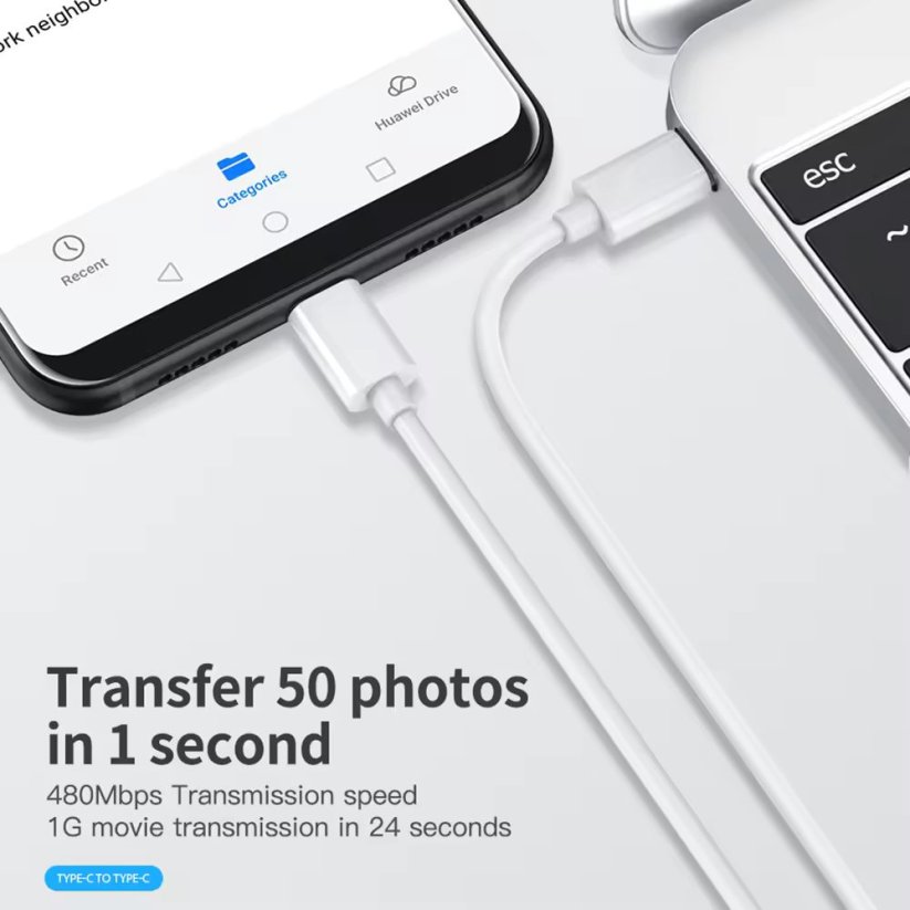 JP USB-C to USB-C Cable, PD 60W, QC 4.0, 3A, 480Mb/s, White, 2 Meters