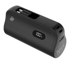 JP Powerbanka PlugOn s integrovaným konektorem pro USB-C a Lightning, 5000 mAh, PD 20W, černá