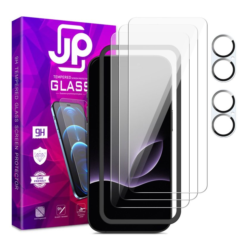 JP Mega Pack Tvrzených skel, 3 skla na telefon s aplikátorem + 2 skla na čočku, iPhone 17