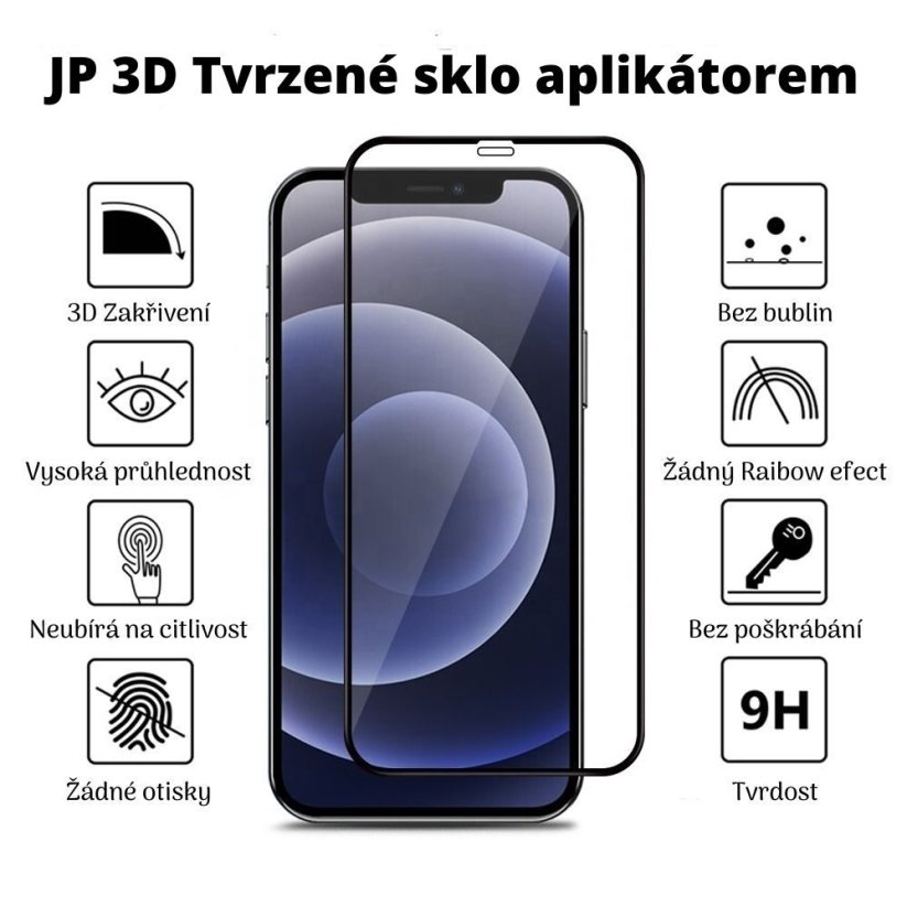 JP 3D sklo s instalačním rámečkem, iPhone 12, černé