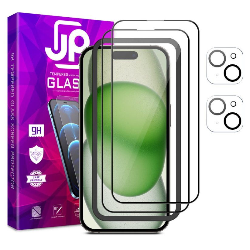 JP Full Pack Tempered glass, 2x 3D glass with applicator + 2x camera glass, iPhone 15