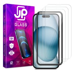 JP Long Pack Tempered Glass, 3 screen protectors with applicator, iPhone 15 Plus