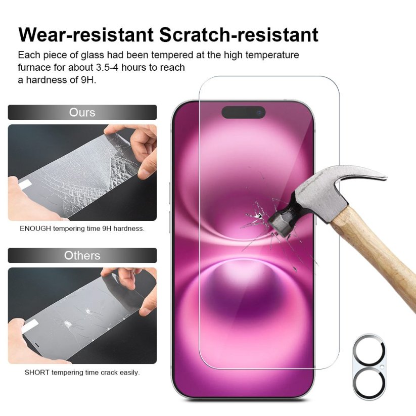 JP Mega Pack Tvrzených skel, 3 skla na telefon s aplikátorem + 2 skla na čočku, iPhone 16