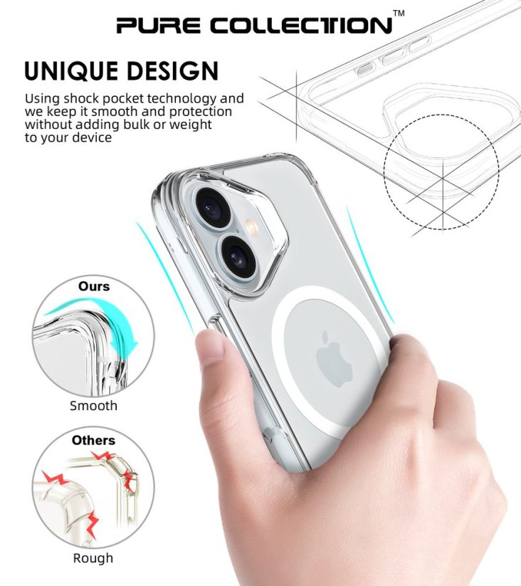 JP MagFit MagSafe obal s 3M SGS certifikátem, iPhone 17, průhledný