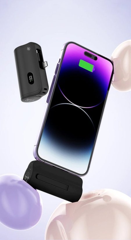 JP Powerbanka PlugOn s integrovaným konektorem pro USB-C a Lightning, 5000 mAh, PD 20W, černá